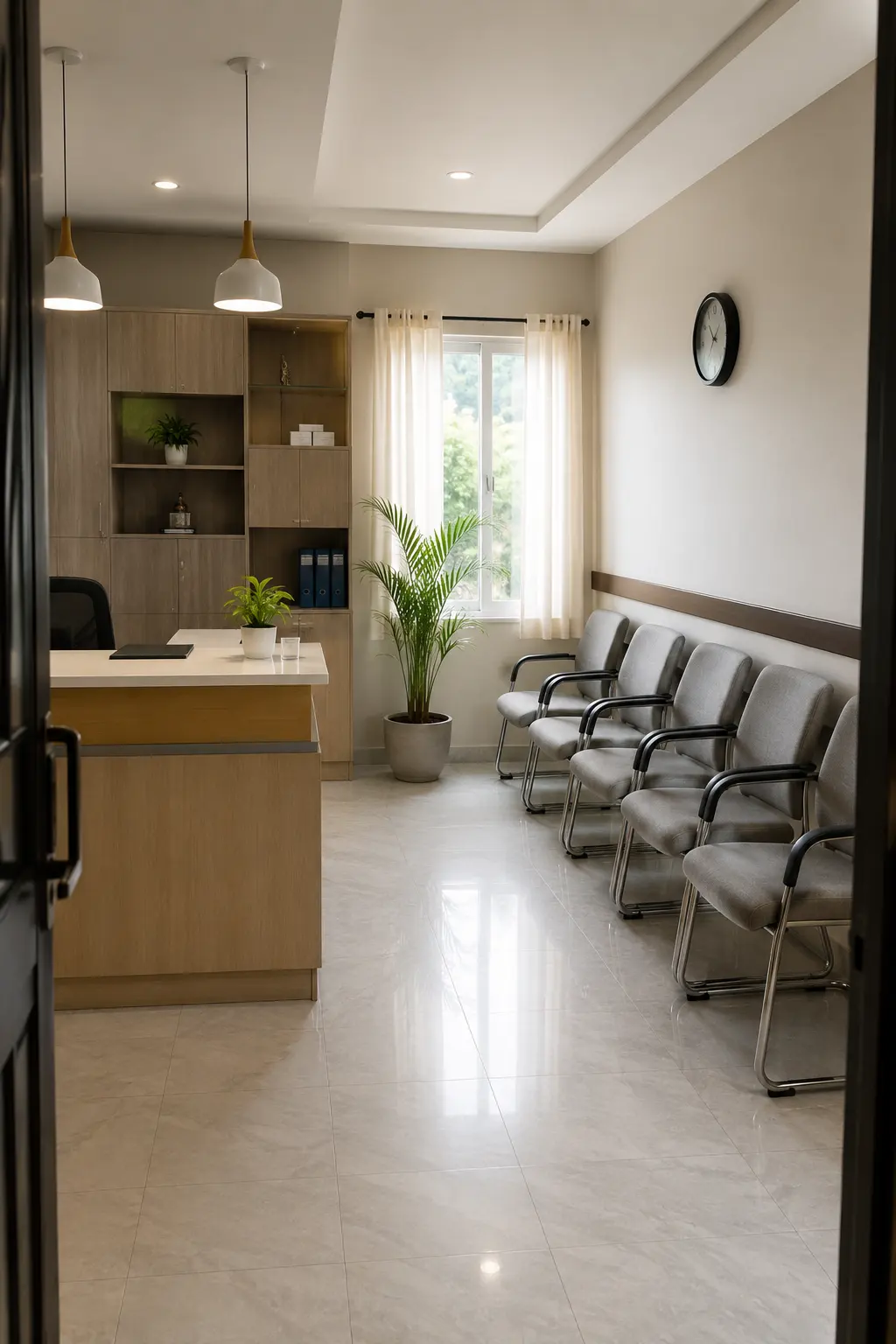 clinic reception and waiting area, wide