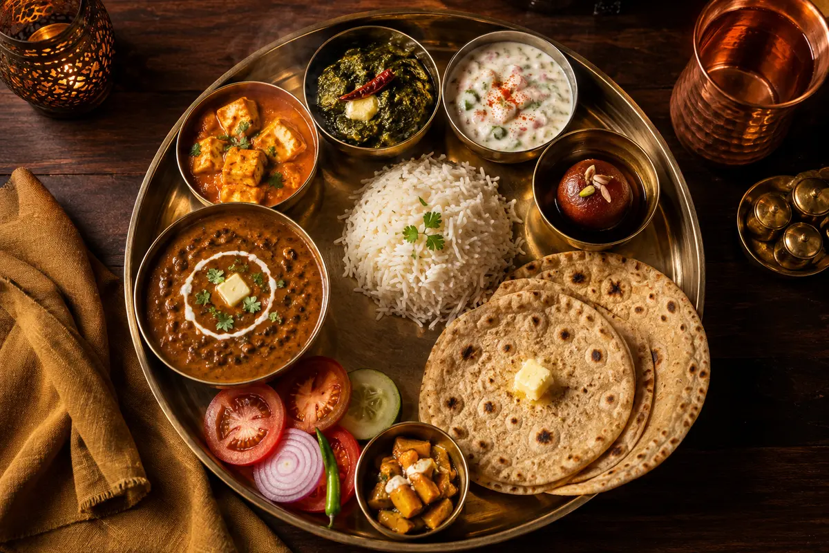 signature thali, shot from above, warm evening light