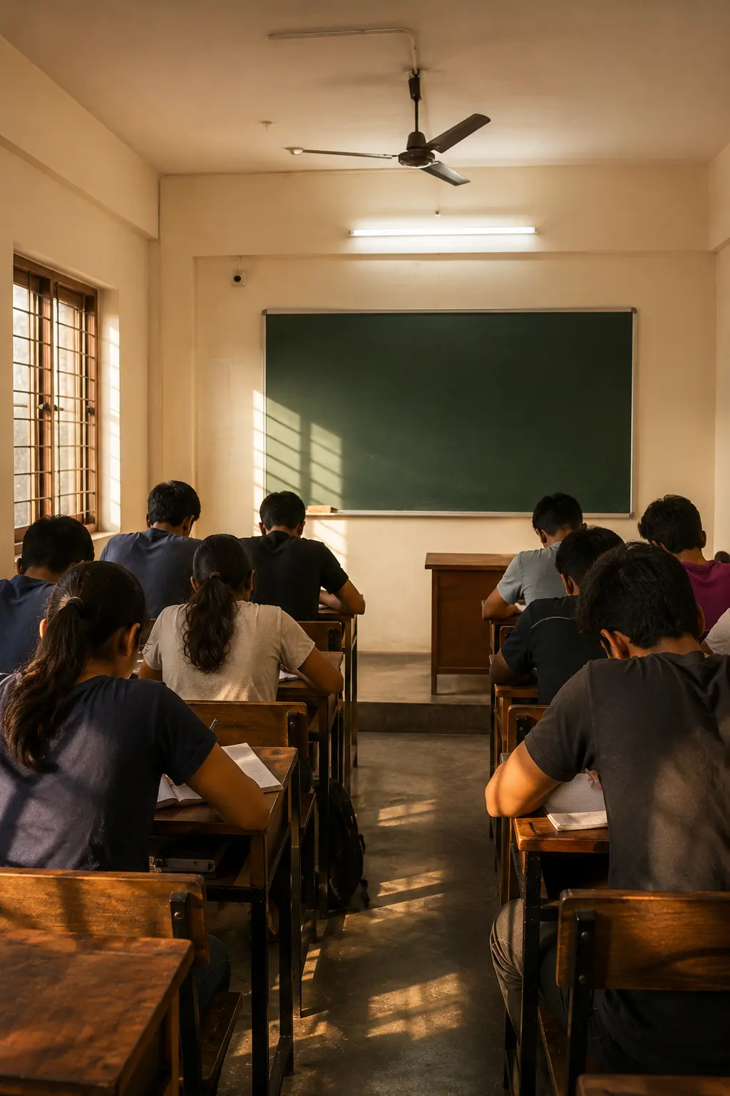 a batch in session, students at desks, wide