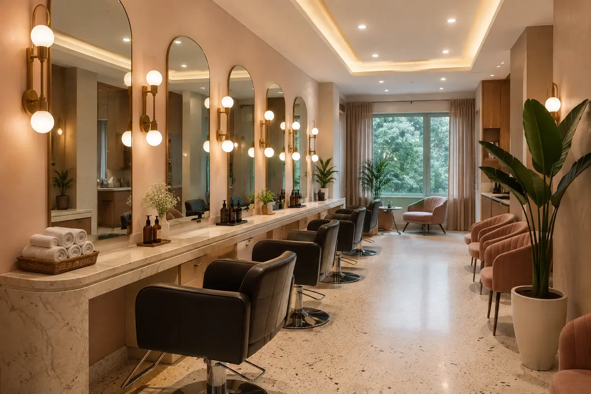 salon interior, wide